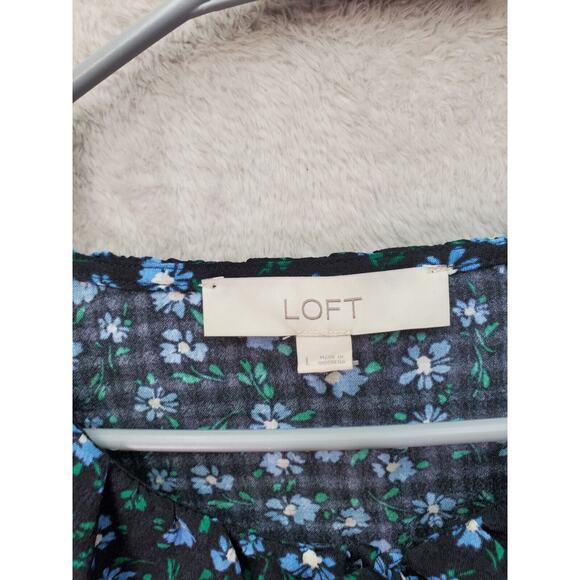 Loft Blouse Women's Large Multi Floral Ruffle Trim Round Neck Keyhole Drawstring - Picture 8 of 9